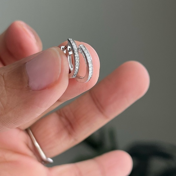 14K White Gold & Diamond Huggie Earrings - Picture 3 of 6